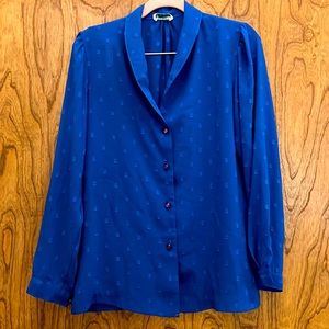 Vintage Joanna 80s Button Down Blouse Blue Flocked Chiffon Size Small / Medium